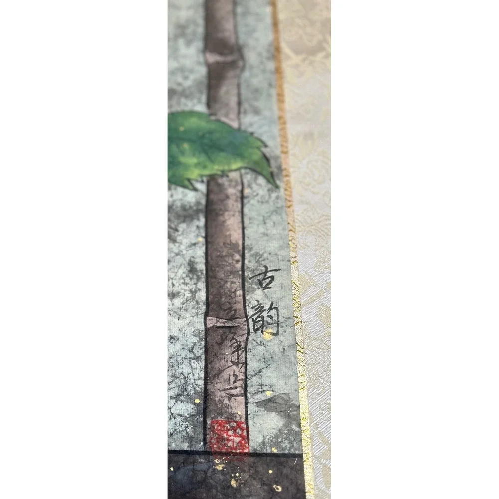 Vintage Asian Wall Scroll Yellow Peony Flower Silk‎ Brocade Porcelain Ends 48in